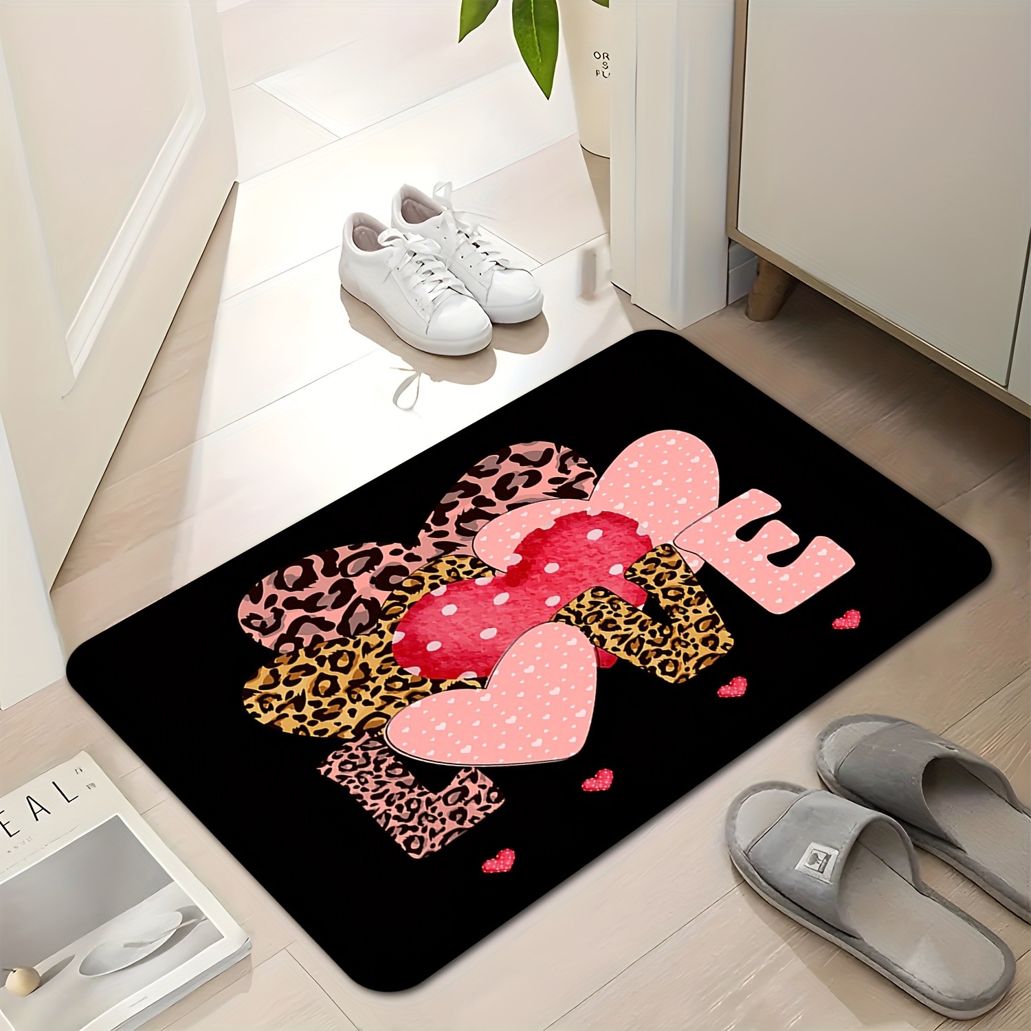 Home Textiles Premium - Tappetino d'ingresso con stampa cuore leopardo,